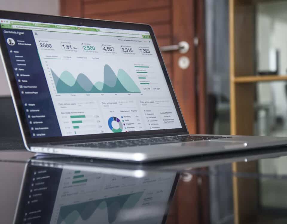 A laptop with a dashboard on it sitting on a table, providing international marketing insights through Cultural intelligence.