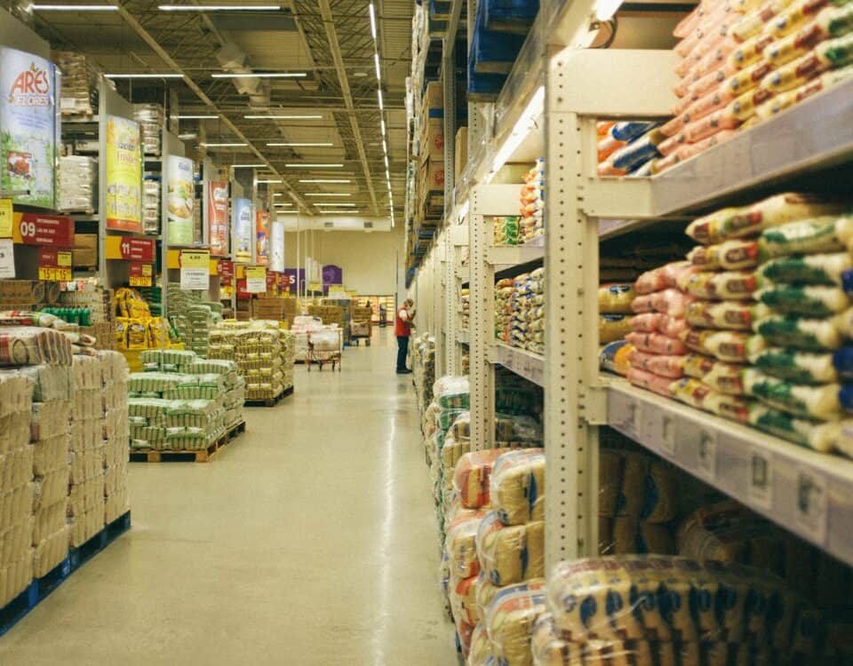 Global aisles of food in a grocery store.