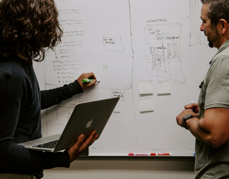 Two men standing in front of a whiteboard discussing the profound impact of international trade on e-commerce.