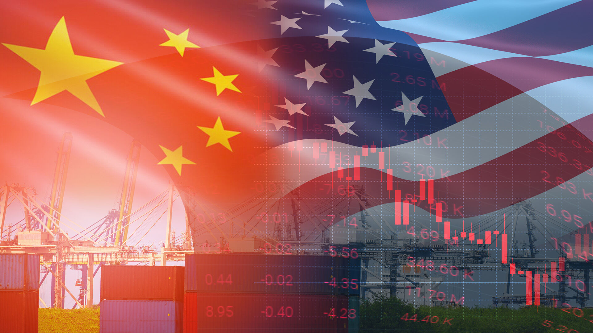 An American flag and Chinese flag stand side by side in the background, symbolizing the interconnectedness of global economies and the ongoing dynamics of international trade.