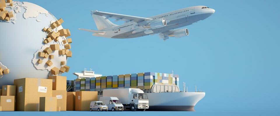 Utilizing 3D rendering techniques, this depiction showcases an airplane gracefully soaring amidst a landscape that includes a truck and several boxes, capturing the essence of international trade.