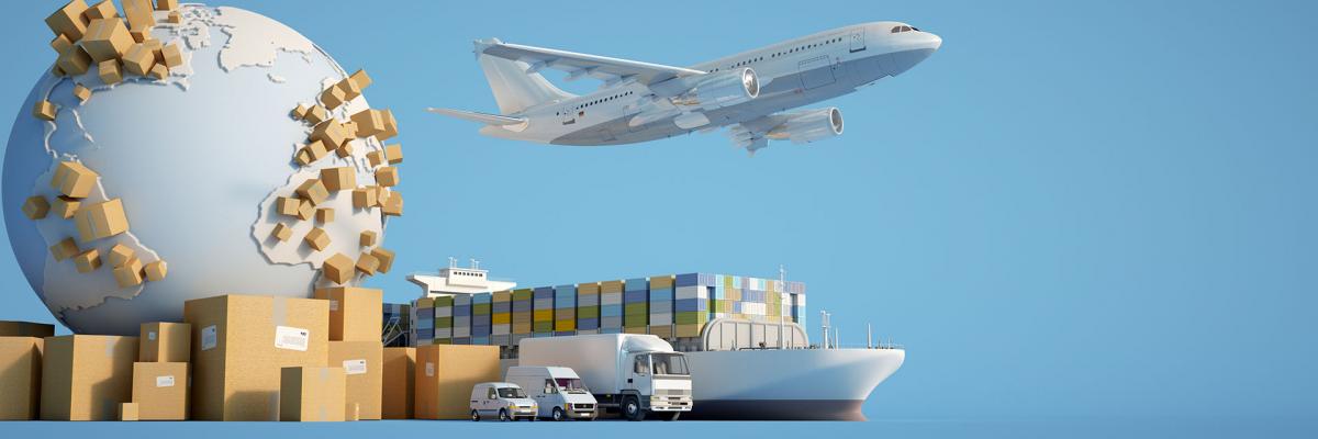 Utilizing 3D rendering techniques, this depiction showcases an airplane gracefully soaring amidst a landscape that includes a truck and several boxes, capturing the essence of international trade.