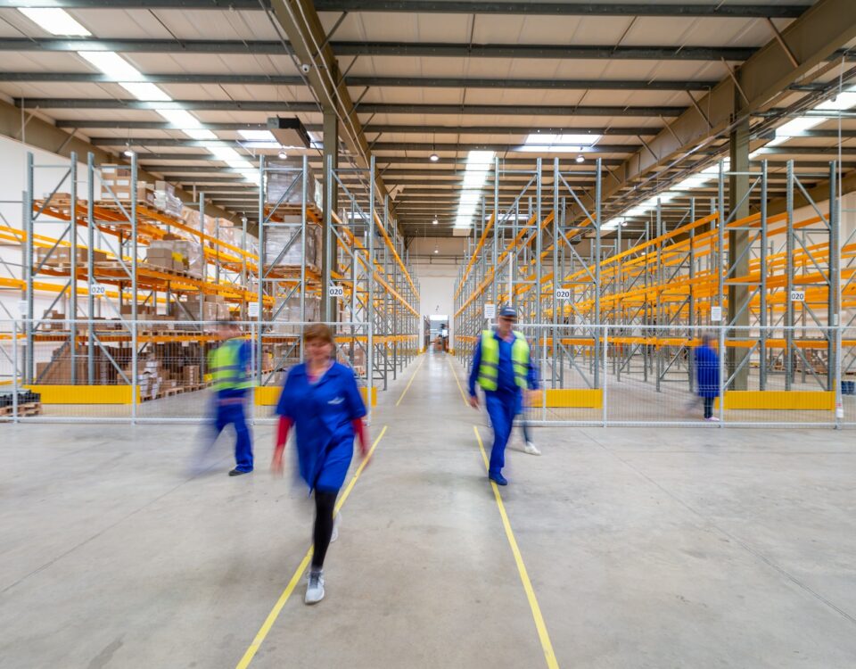 International logistics professionals managing people walking in a warehouse.