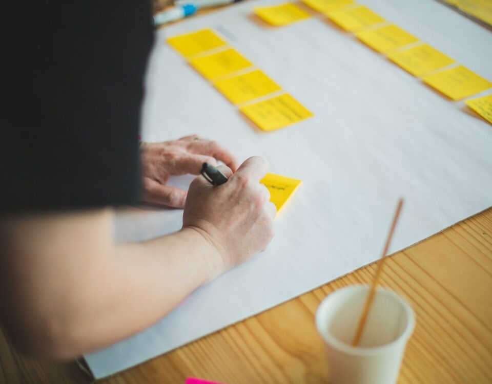 A person implementing market penetration strategies by writing on a piece of paper with yellow post it notes.