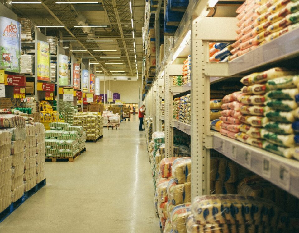 Global aisles of food in a grocery store.