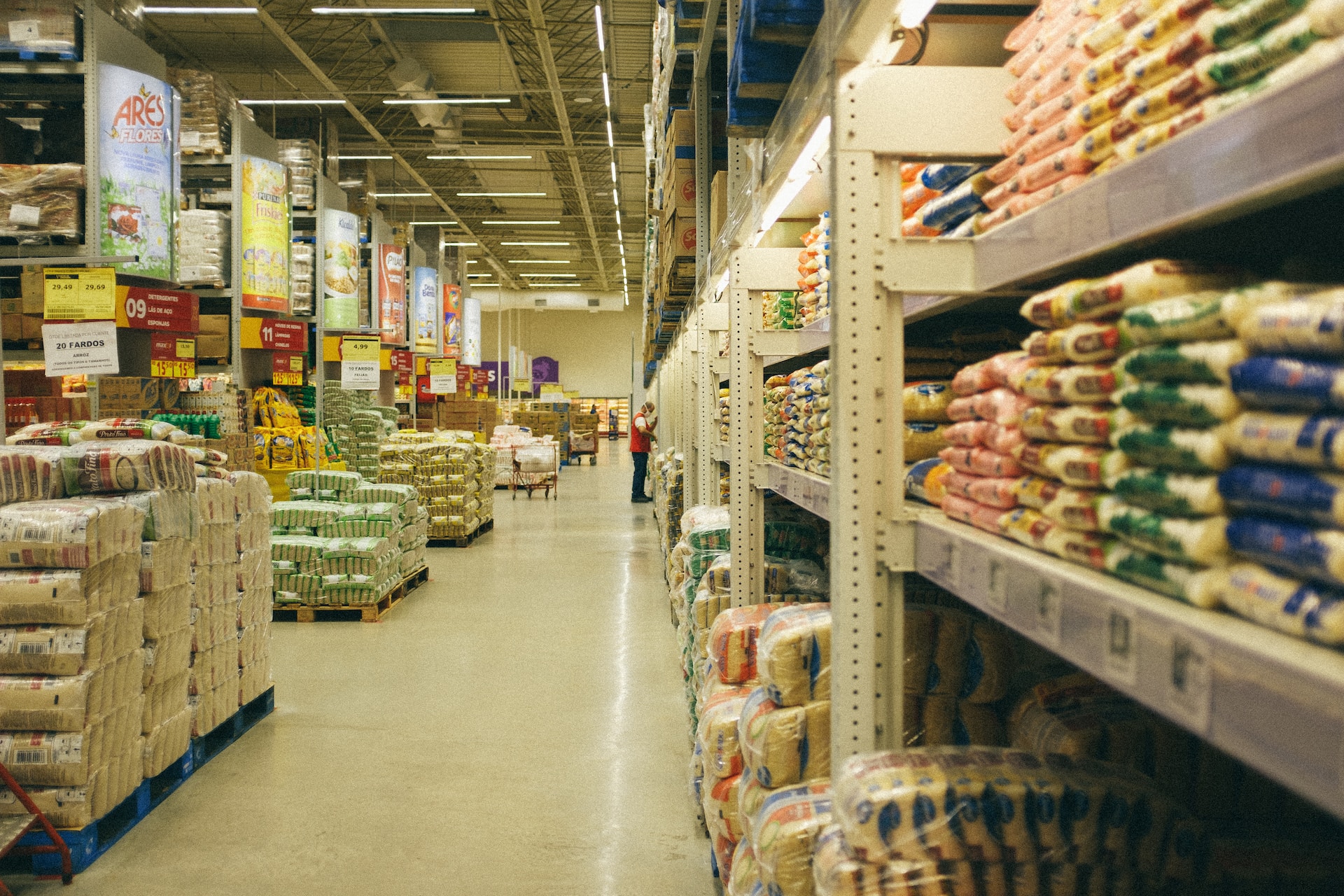 Global aisles of food in a grocery store.