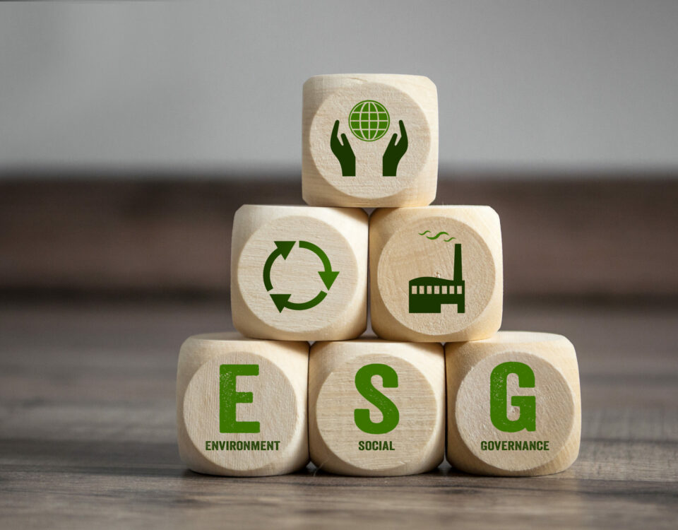 A stack of wooden blocks with the word ESG prominently displayed.