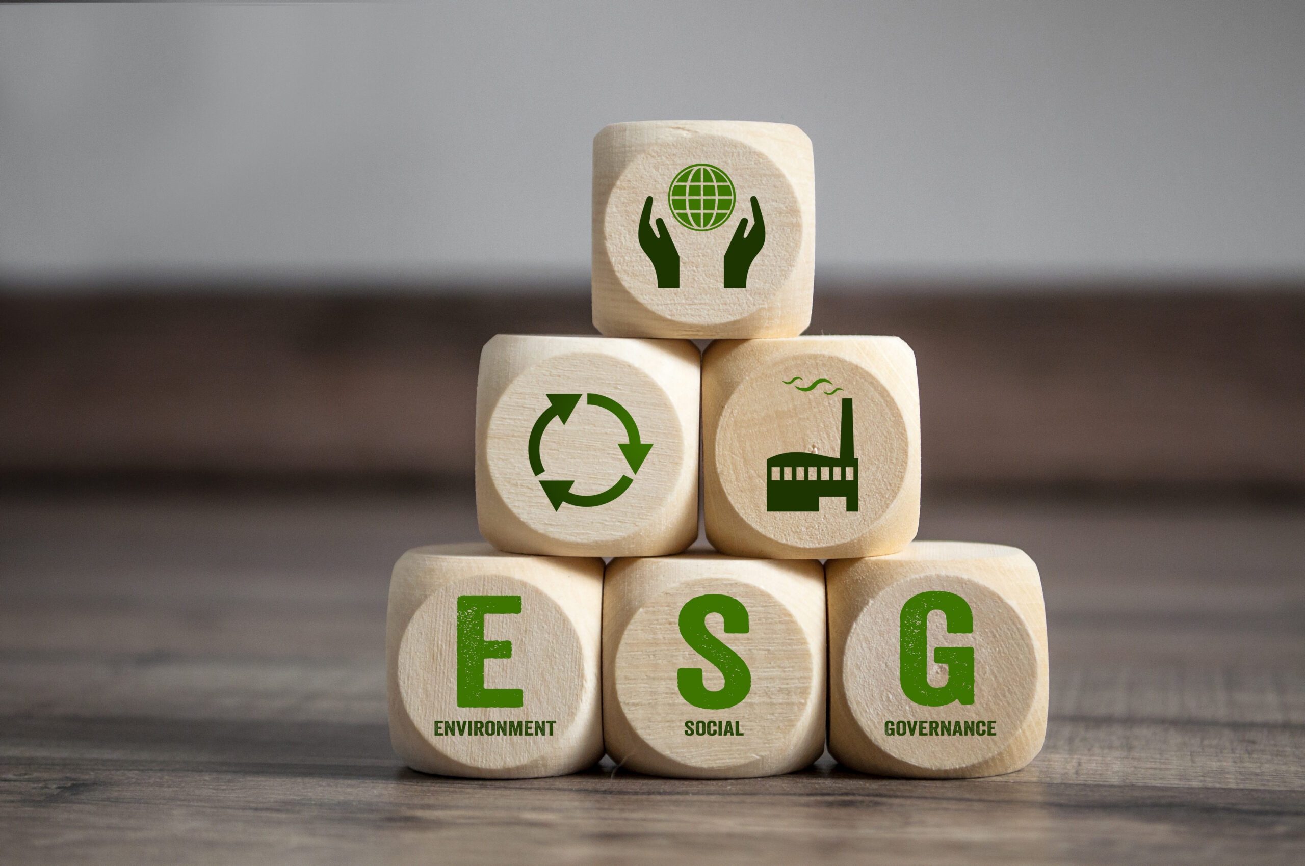A stack of wooden blocks with the word ESG prominently displayed.