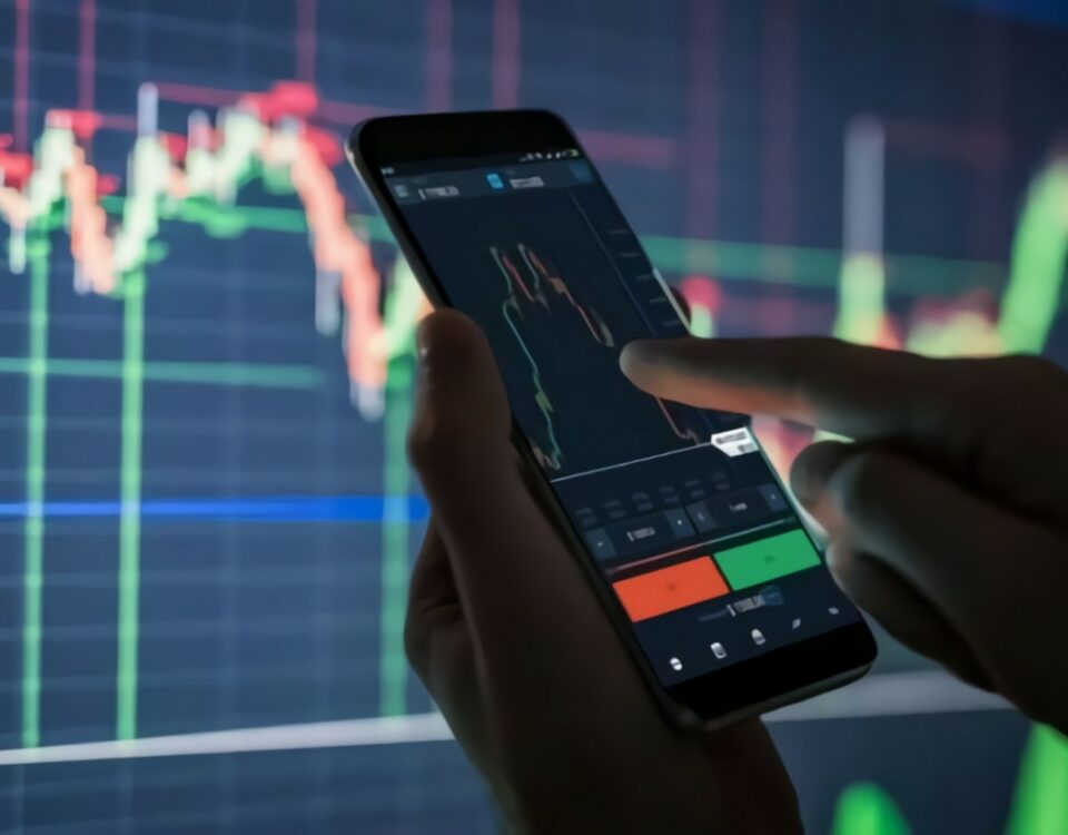 A person holding a smartphone with a stock chart on it, analyzing international trade impacts or tax implications.