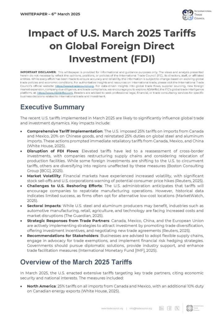 Analysis of the global impact of U.S. tariffs on foreign direct investment, supply chains, and market stability.