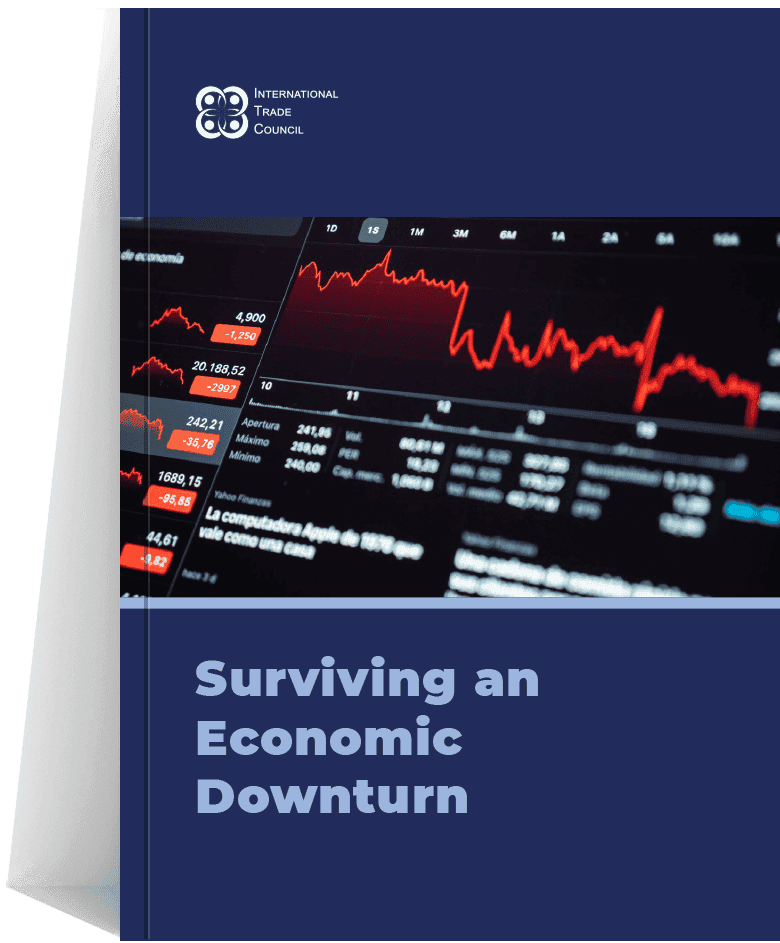 Graph showing economic downturn; "Surviving an Economic Downturn - International Trade