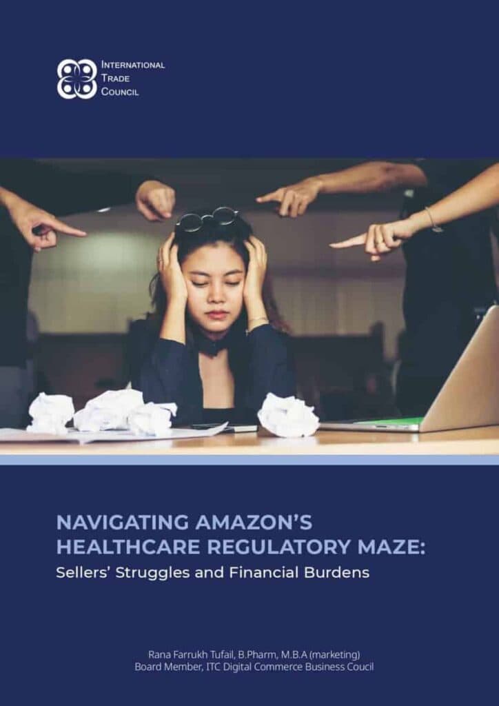 Stressed woman overwhelmed by healthcare regulatory maze on Amazon; sellers' struggles and financial burdens. - International Trade